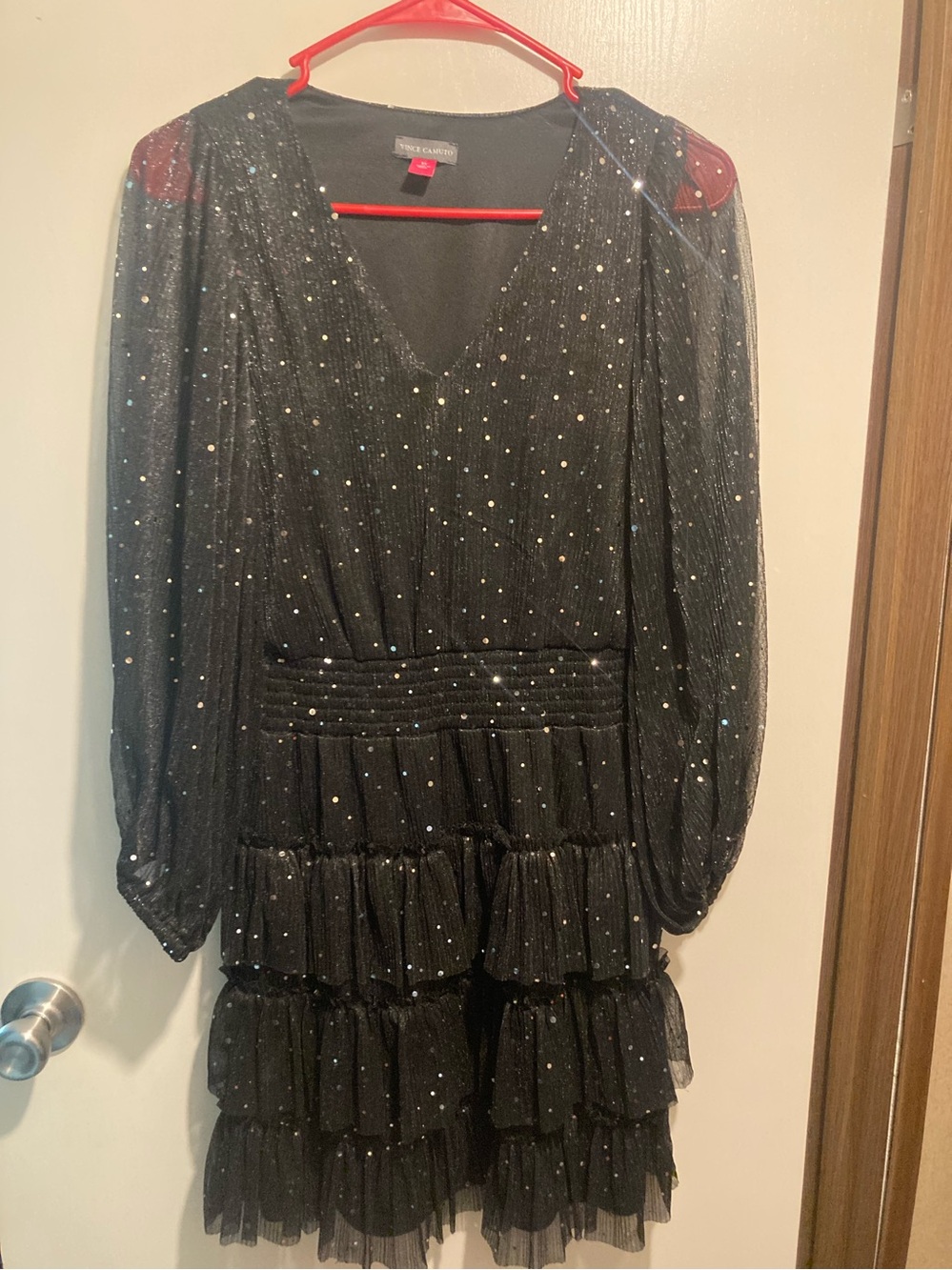Vince Camuto Black Sparkle Tiered Long-Sleeve Dress